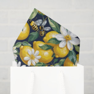 Fresh Yellow Lemons With Busy Bees & White Blooms Tissue Paper