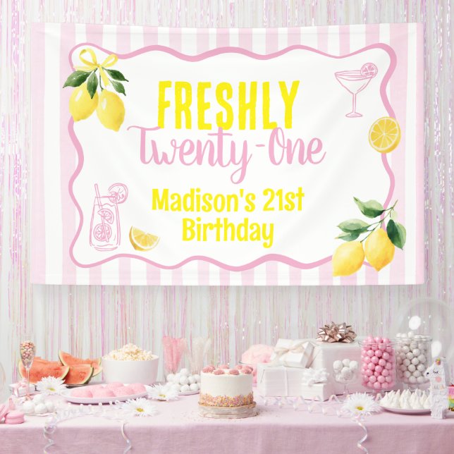 Freshly 21 Birthday Theme Lemon Pink Stripes Banner (Party)