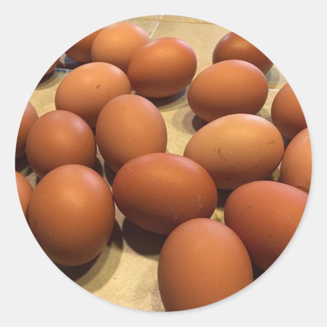 Freshly gathered brown eggs classic round sticker (Front)