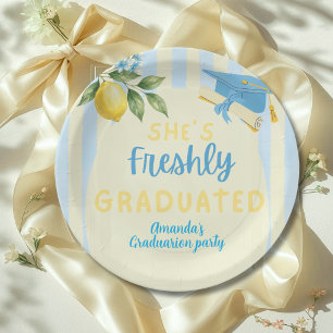 Freshly Graduated Blue Stripe Lemon Graduation Paper Plate