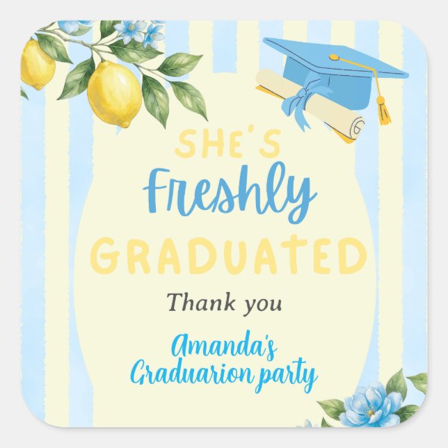 Freshly Graduated Blue Stripe Lemon Graduation Square Sticker (Front)