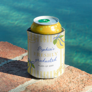 Freshly Graduated Lemon Blue Bow Graduation Can Cooler