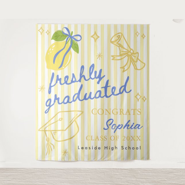 Freshly Graduated Lemon Blue Bow Graduation Tapestry (Front)