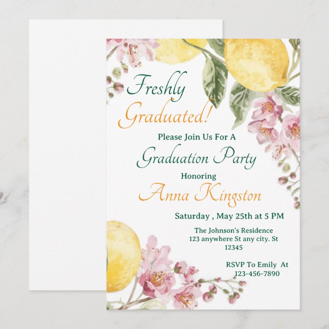 Freshly Graduated Lemon Pink Graduation Invitation (Front/Back)