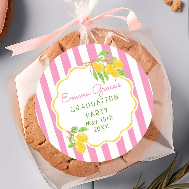 Freshly Graduated Lemon Pink Stripes Graduation Classic Round Sticker (Creator Uploaded)