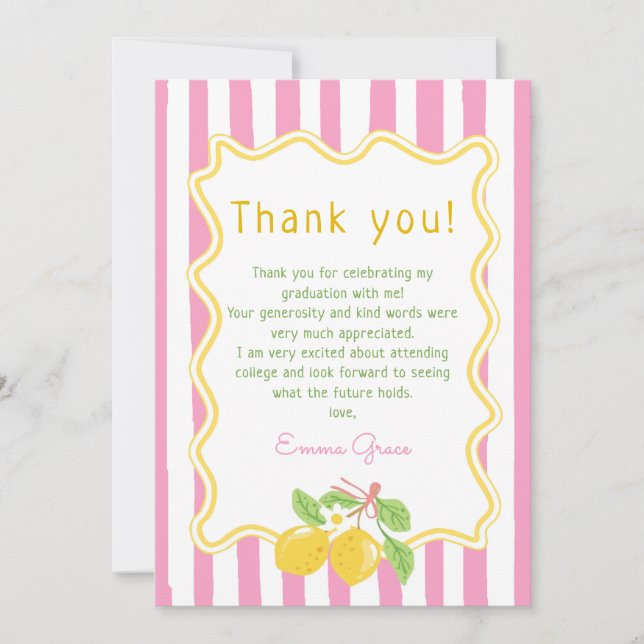 Freshly Graduated Lemon Pink Stripes Graduation Thank You Card (Front)