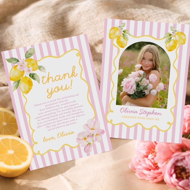 Freshly Graduated Lemon Pink Stripes Graduation Thank You Card (Creator Uploaded)