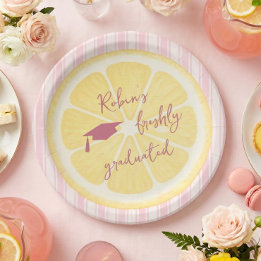 Freshly Graduated Lemon Stripes Grad Party Paper Plate