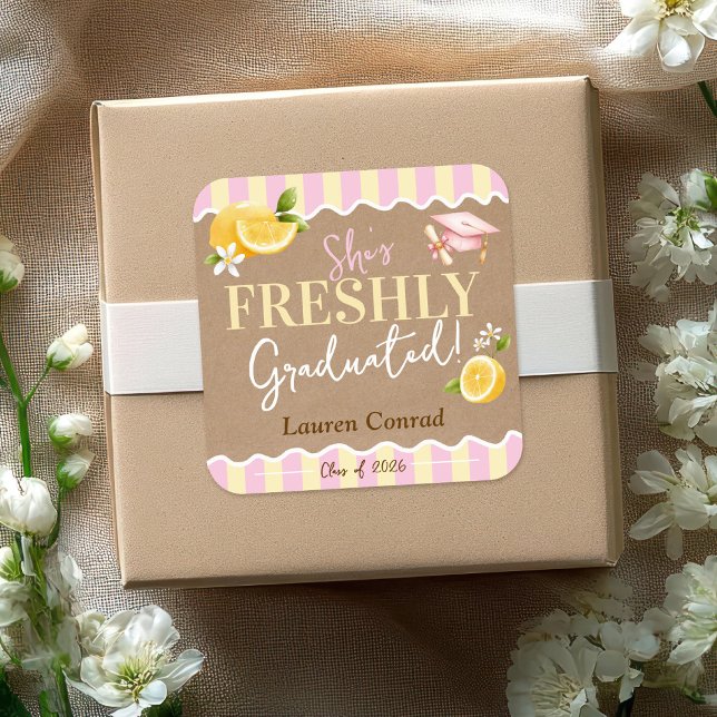 FRESHLY Graduated Lemons Graduation Party Favour Square Sticker (She's Freshly Graduated watercolor floral lemons pink stripes kraft graduation party favor sticker)