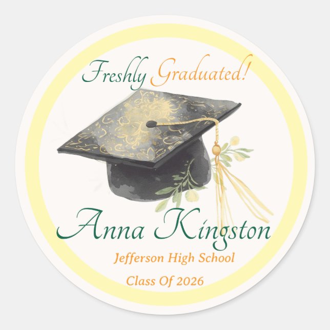 Freshly Graduated Modern Personalised Classic Round Sticker (Front)
