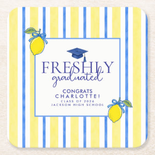 Freshly Graduated Watercolor Lemon Graduation Square Paper Coaster