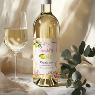 Freshly One Bow Pink Yellow Lemon First Birthday Wine Label