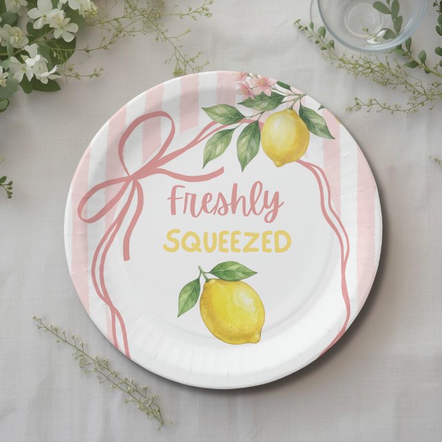 Freshly Squeezed Lemonade Pink Bow Baby Shower Paper Plate (Creator Uploaded)