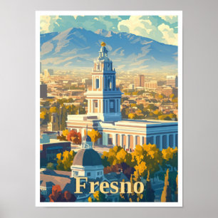 Fresno California Art Vintage Travel Illustration Poster