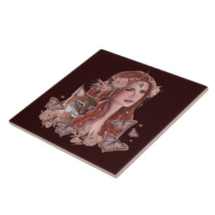 Freya  goddess art with lynx by Renee Lavoie Ceramic Tile