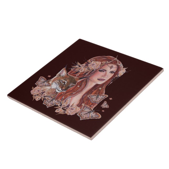 Freya  goddess art with lynx by Renee Lavoie Ceramic Tile (Side)