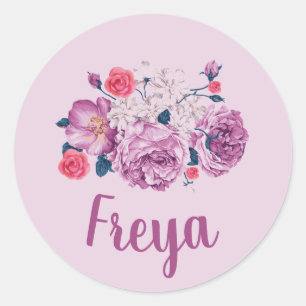 Freya Name Floral Custom Vintage Flower Girl Classic Round Sticker