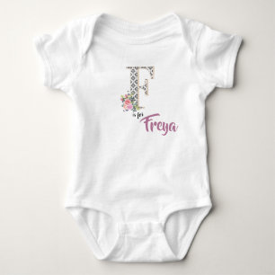 Freya Name Reveal Outfit Letter F Floral Romper Baby Bodysuit