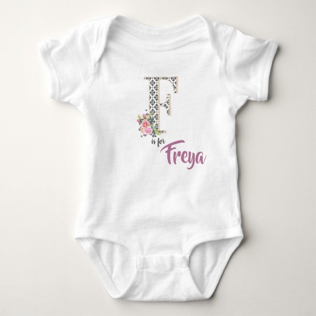 Freya Name Reveal Outfit Letter F Floral Romper Baby Bodysuit (Front)