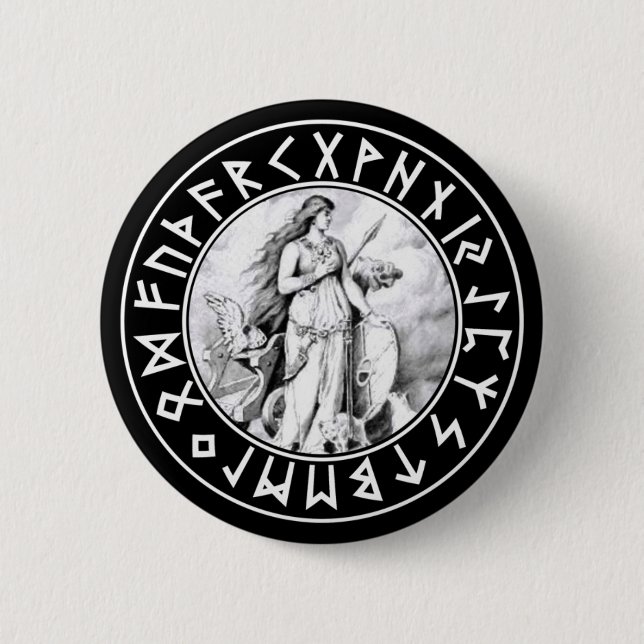 Freya Rune Shield on Blk 6 Cm Round Badge (Front)