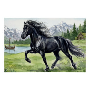 Freydis Black Icelandic Horse in Nordic Landscape Poster