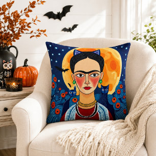 Frida Inspired Folk Art Black Cat Full Moon Boho Cushion
