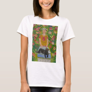 Frida Kahlo and her Black Cat among Roses T-Shirt