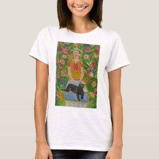 Frida Kahlo and her Black Cat among Roses T-Shirt