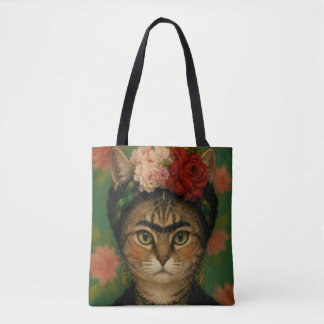 Frida Kahlo Cat Portrait Floral Art Print  Tote Bag