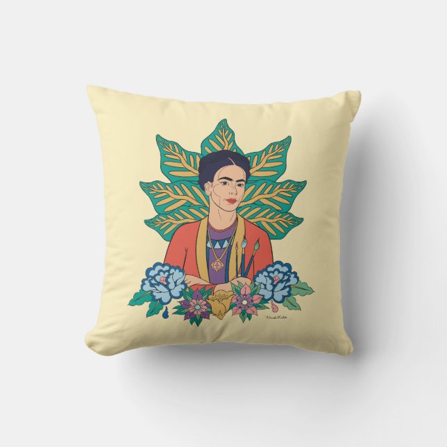 Frida Kahlo Colourful Floral Graphic Cushion (Front)