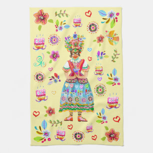 Frida Kahlo Flower Folk Art Inspiration Tea Towel