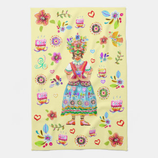 Frida Kahlo Flower Folk Art Inspiration Tea Towel