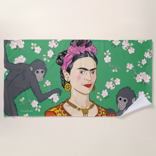 Frida Kahlo Monkey Graphic Beach Towel (Front)