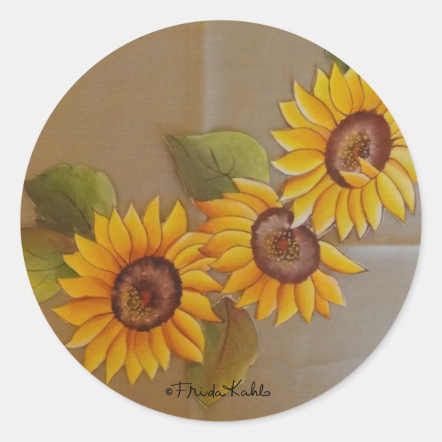 Frida Kahlo Painted Sunflowers Classic Round Sticker (Front)