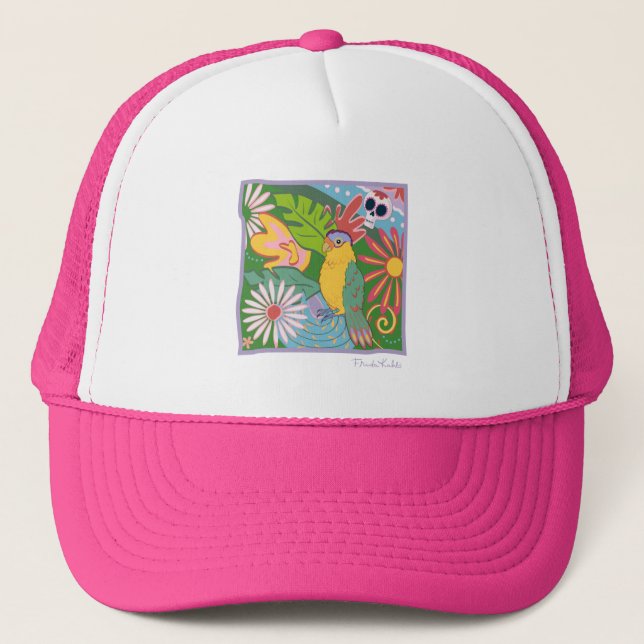 Frida Kahlo Parrot Graphic Trucker Hat (Front)