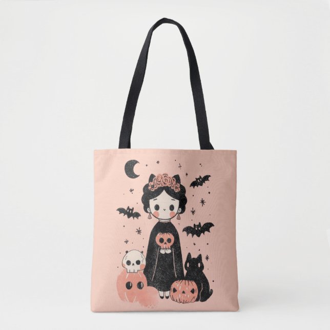 Frida Kahlo Pink Pasteloween Spooky Cute Halloween Tote Bag (Front)