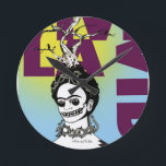 Frida Kahlo Pop Art Portrait Round Clock<br><div class="desc">Frida Kahlo de Rivera was a Mexican Painter remembered for her intense and vibrant works. Her work has been celebrated in Mexico as emblematic of national and indigenous tradition,  and by feminists for its uncompromising depiction of the female experience and</div>