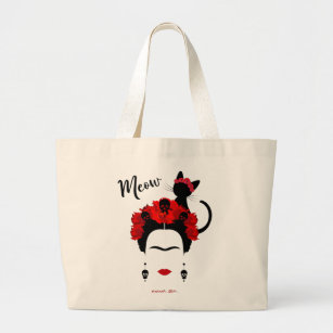  Frida Kahlo portrait and cute meow Mexican Cat  Large Tote Bag