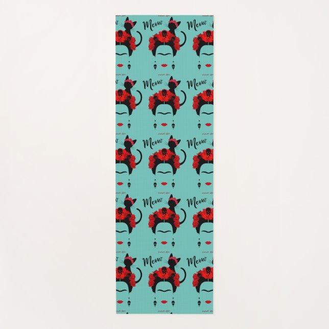  Frida Kahlo portrait and cute meow Mexican Cat  Yoga Mat (Front)