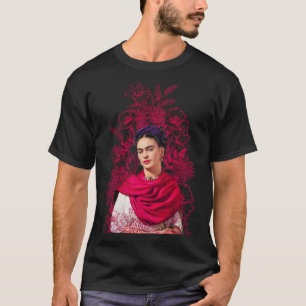Frida Kahlo portrait color, pink flowers, black ba T-Shirt