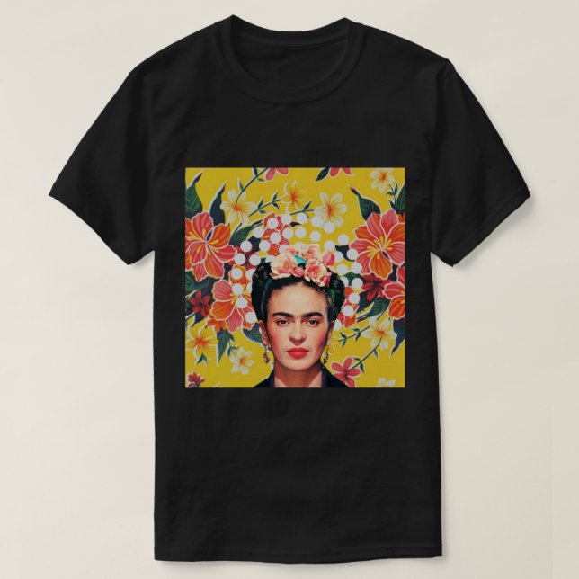 Frida Kahlo print, flowers, colour on ochre Mexica T-Shirt (Design Front)
