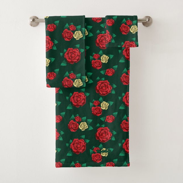 Frida Kahlo | Red and Gold Rose Pattern Bath Towel Set (Insitu)