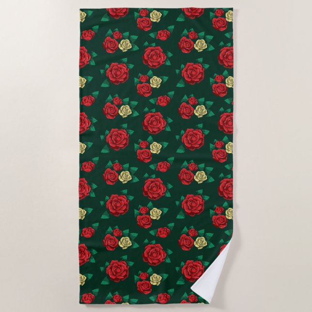 Frida Kahlo | Red and Gold Rose Pattern Beach Towel (Front)