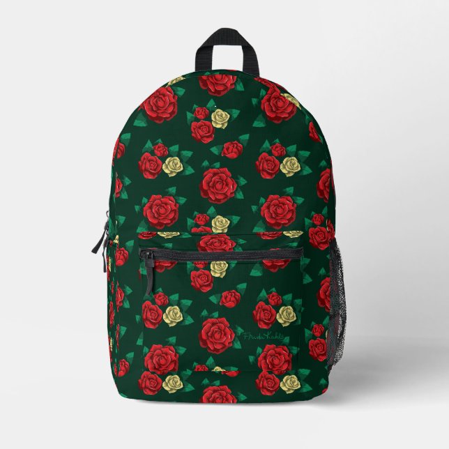 Frida Kahlo | Red and Gold Rose Pattern Printed Backpack (Front)