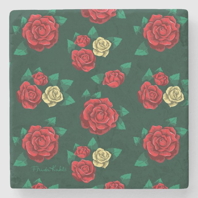 Frida Kahlo | Red and Gold Rose Pattern Stone Coaster (Front)