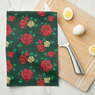 Frida Kahlo   Red and Gold Rose Pattern Tea Towel