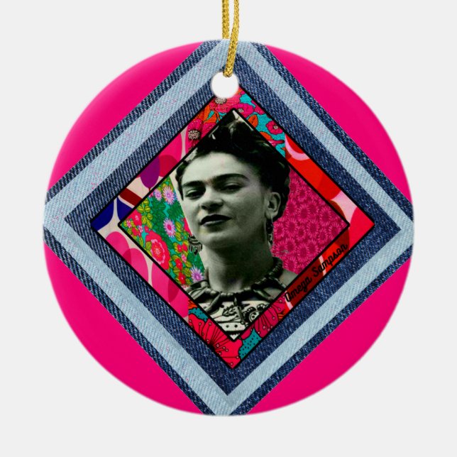 Frida Kahlo Retro Denim Diamond Ceramic Ornament (Front)