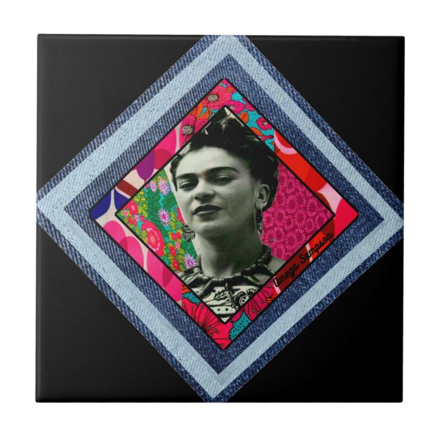 Frida Kahlo Retro Denim Diamond Ceramic Tile (Front)