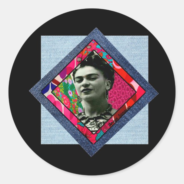 Frida Kahlo Retro Pink Denim Classic Round Sticker (Front)