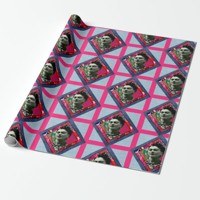 Frida Kahlo Retro Pink Denim Wrapping Paper (Unrolled)
